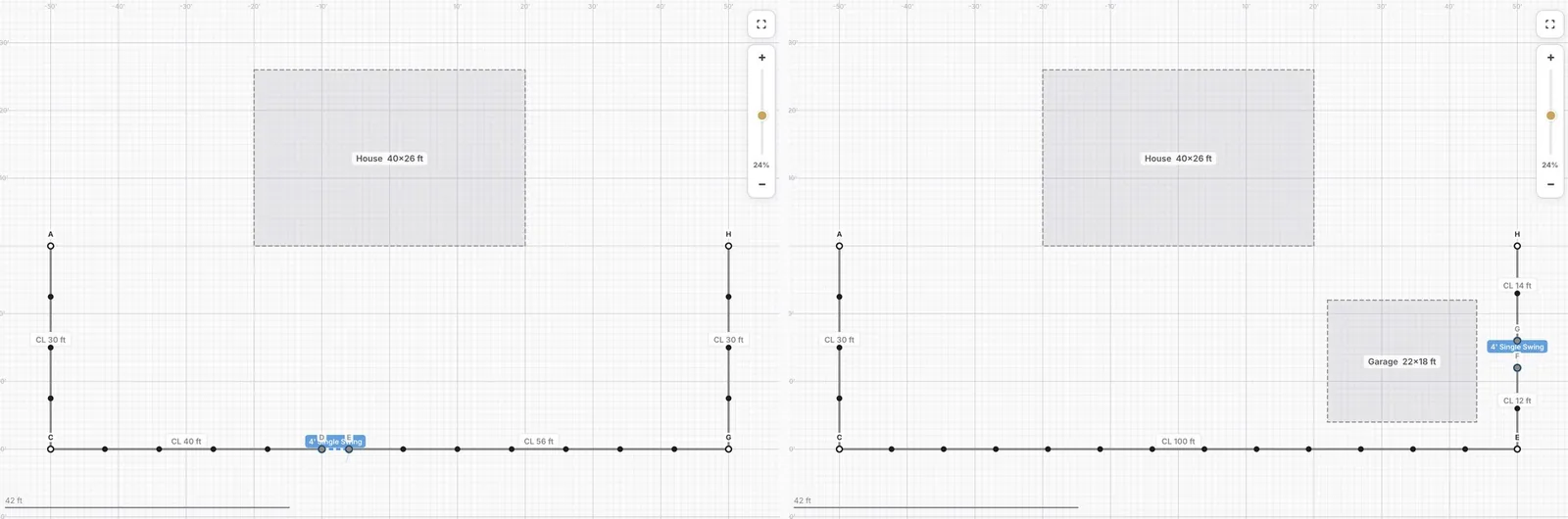 Sample layout dropped on the canvas — house, garage, fence and a gate