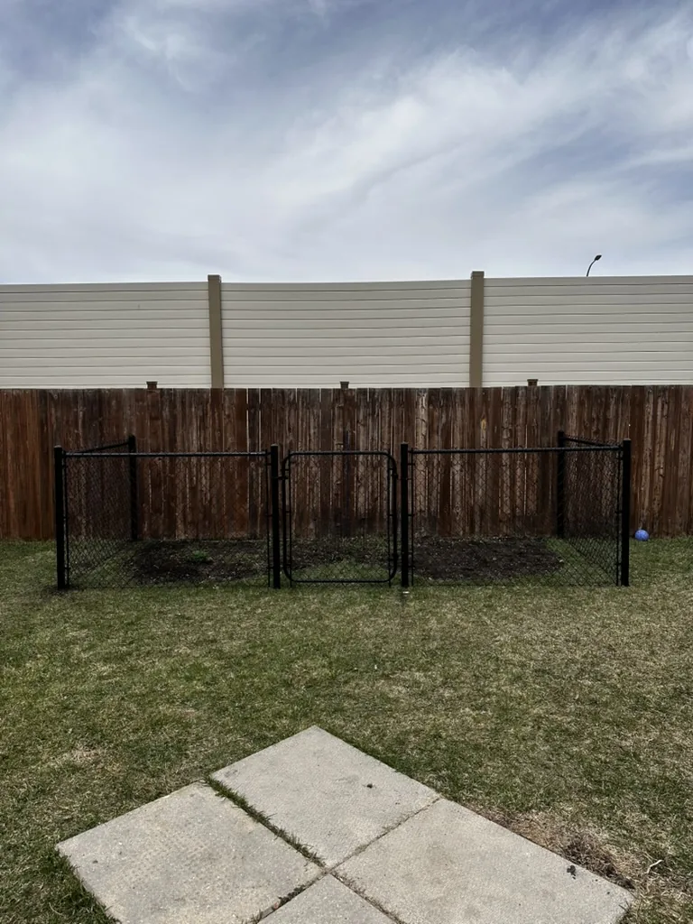 Black chain link dog run beside a wood fence