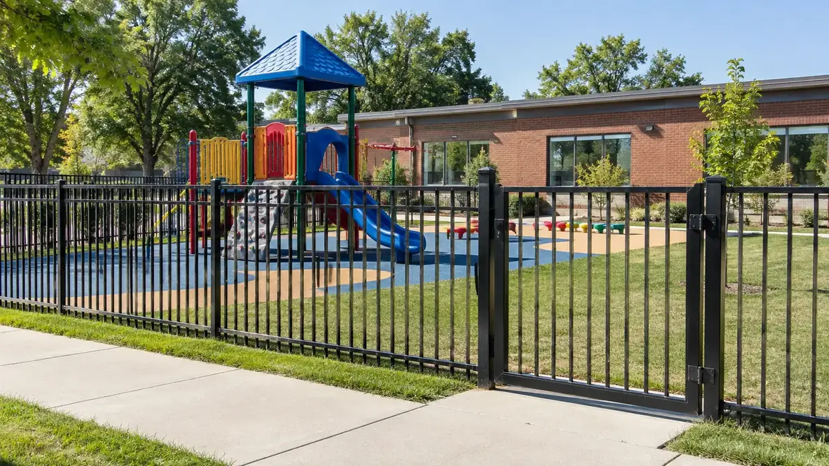 Black ornamental fence and gate around a child care playground