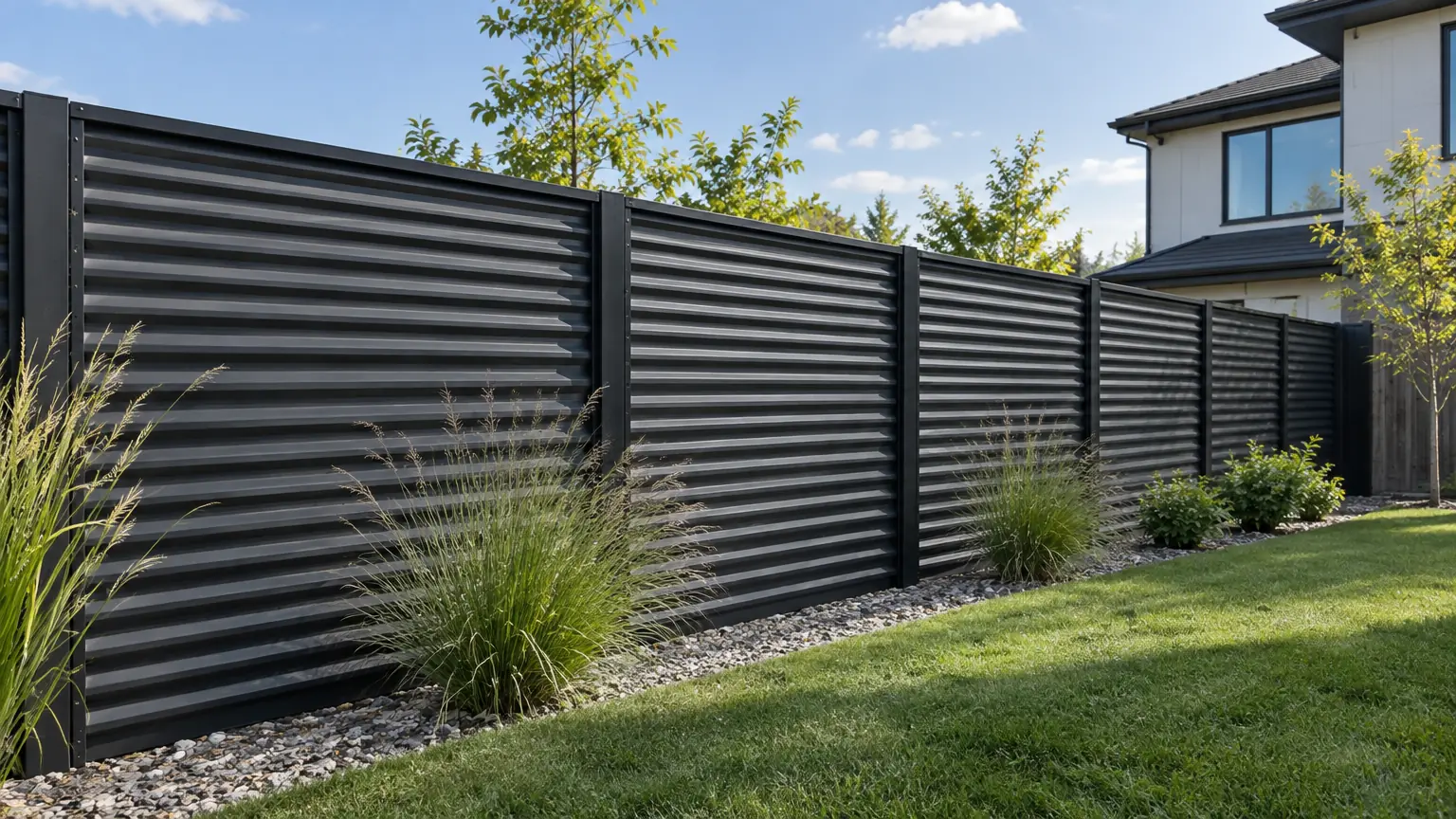 Black corrugated metal privacy fence around a landscaped back yard