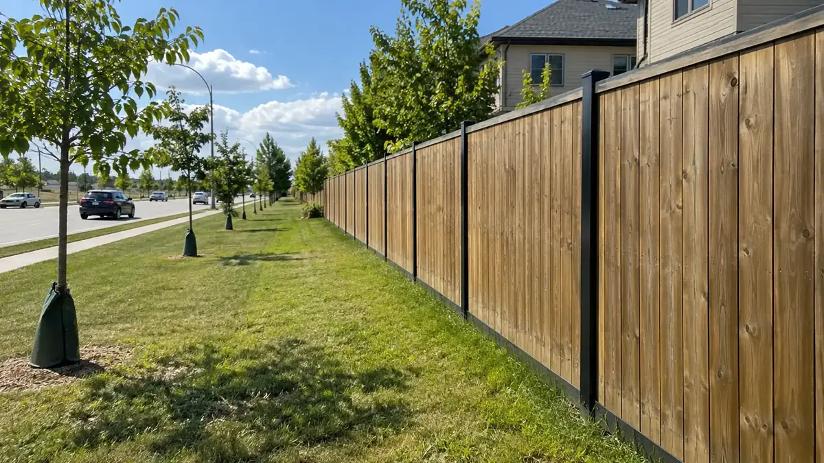 Tall solid wood fence on steel posts along a busy road