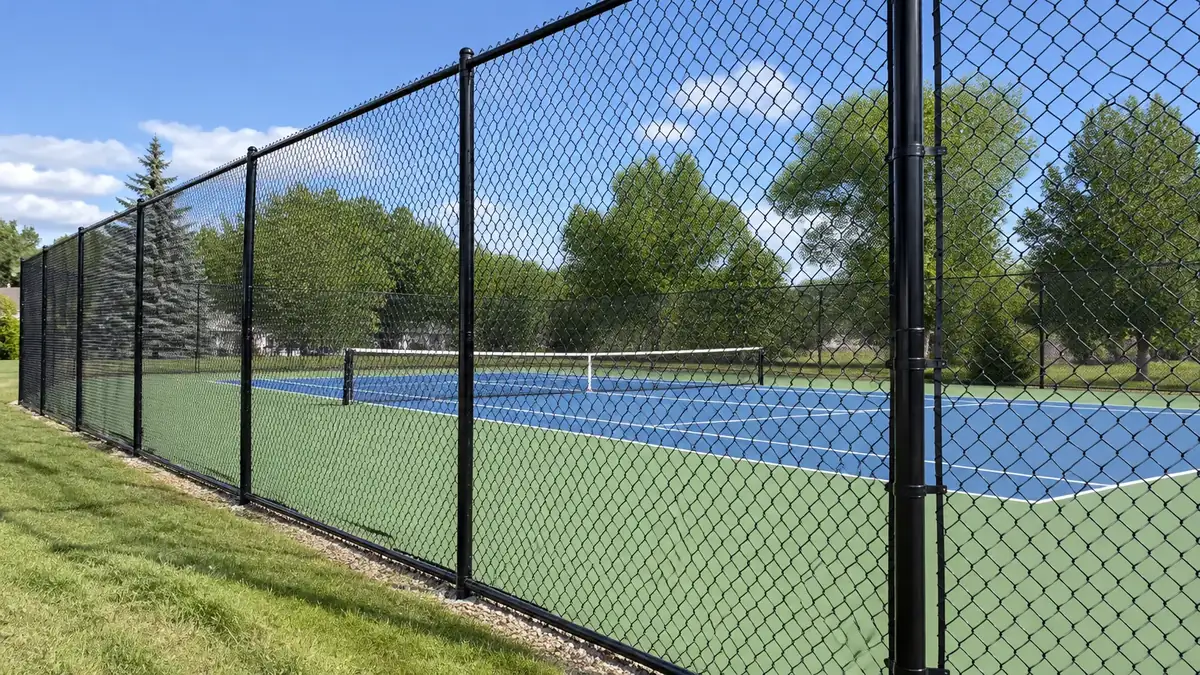 Black chain link fence around a tennis court