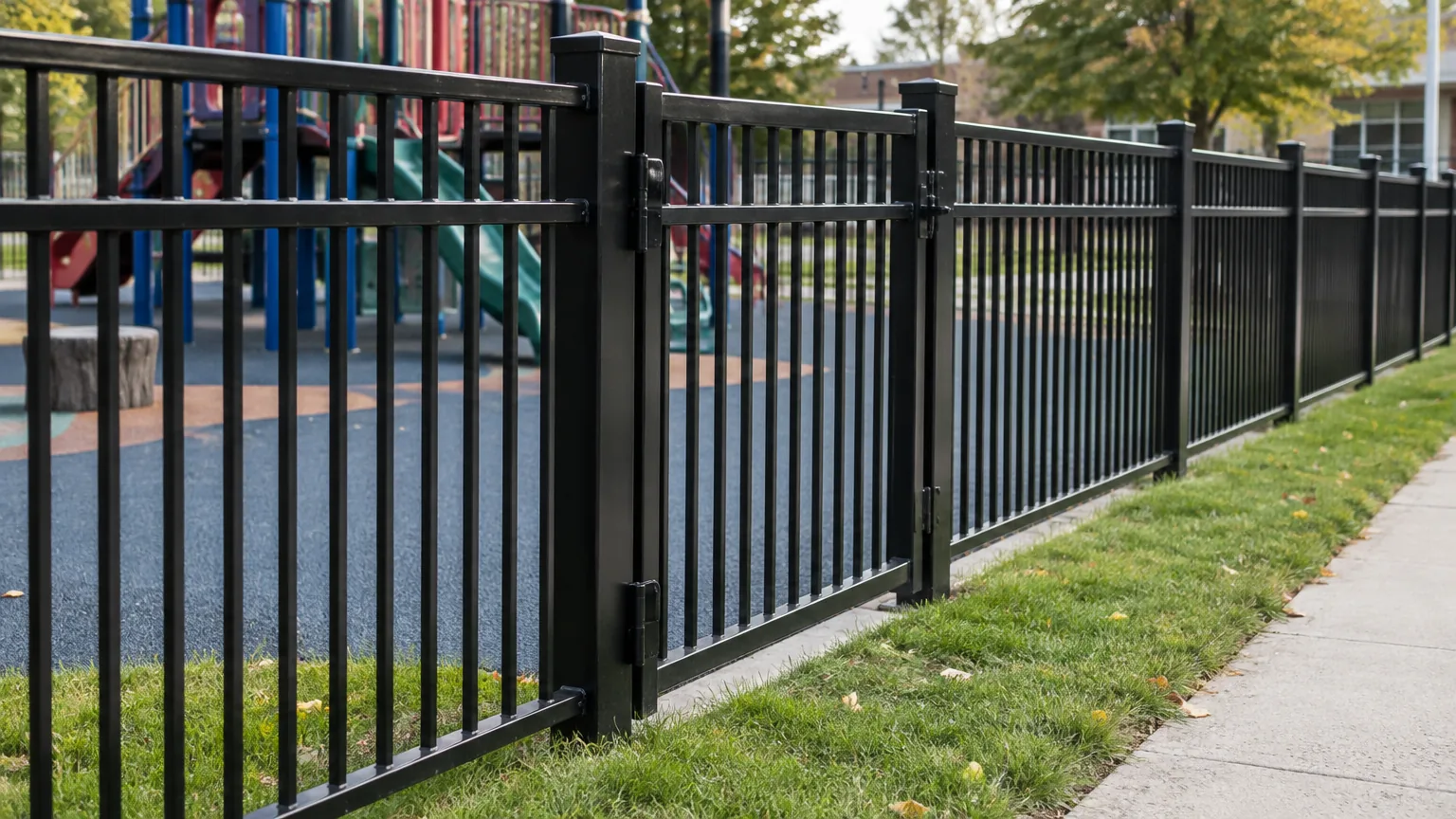 Black ornamental fence and self-closing walk gate at a school playground